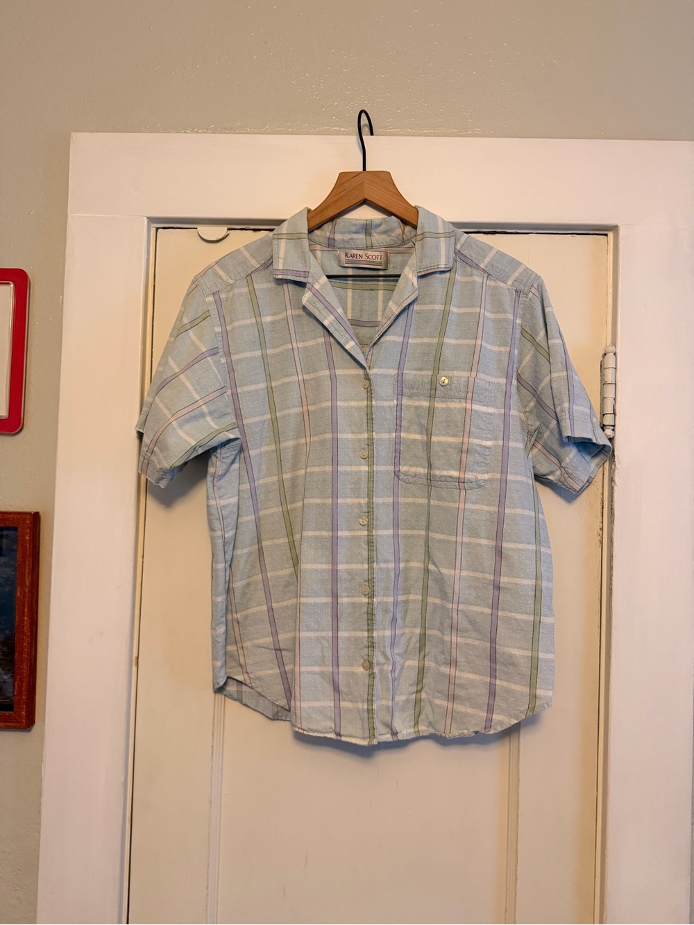 Vintage 90s Karen Scott Light Blue Plaid Short Sleeve Button-Down Shirt